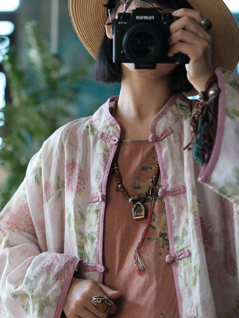 Camisa con botones florales de ramio vintage de primavera para mujer