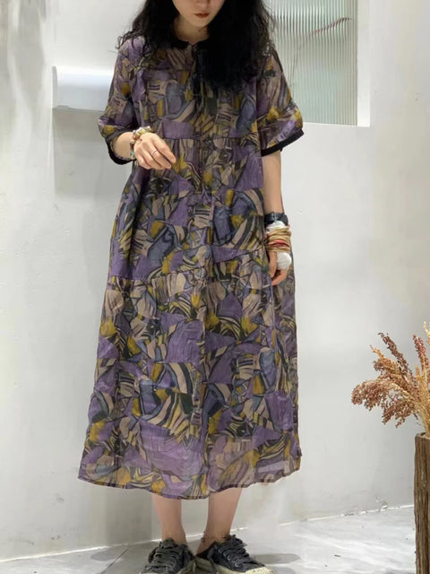 Women Summer Artsy Floral Spliced Ramie Loose Dress