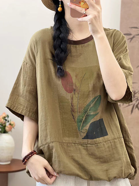 Women Summer Cotton Summer Feather Print Shirt