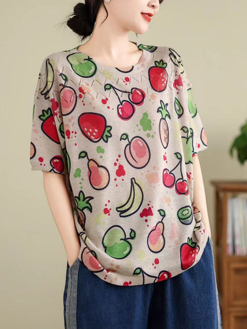 Camisa de verano con cuello redondo y aberturas con estampado vintage para mujer