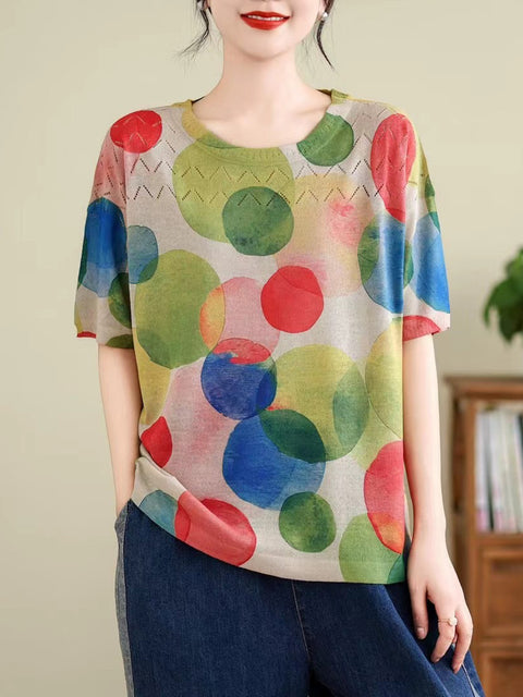 Women Summer Vintage Print Cutout O-Neck Shirt