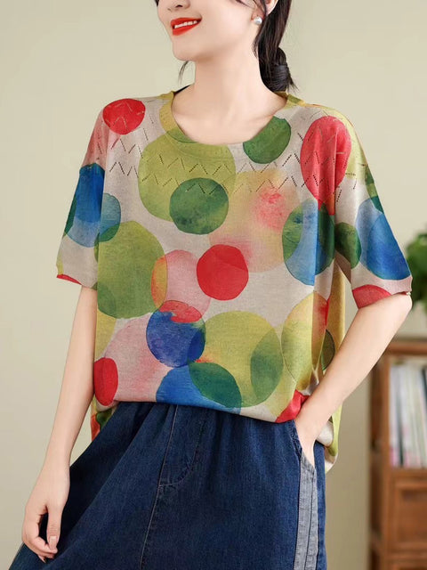 Camisa de verano con cuello redondo y aberturas con estampado vintage para mujer