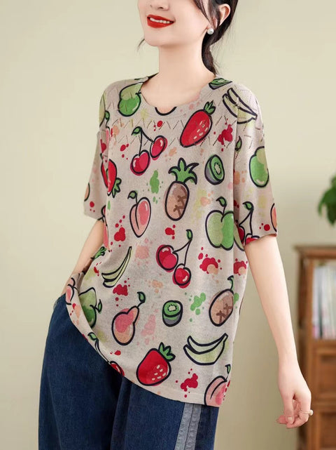 Camisa de verano con cuello redondo y aberturas con estampado vintage para mujer