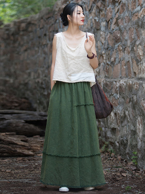 Women Summer Retro Solid Raw-edge Skirt