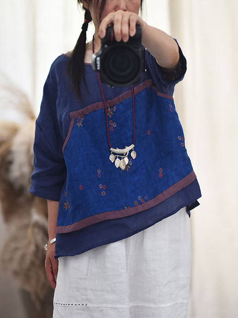 Camisa de verano con cuello redondo y estampado étnico de flores para mujer