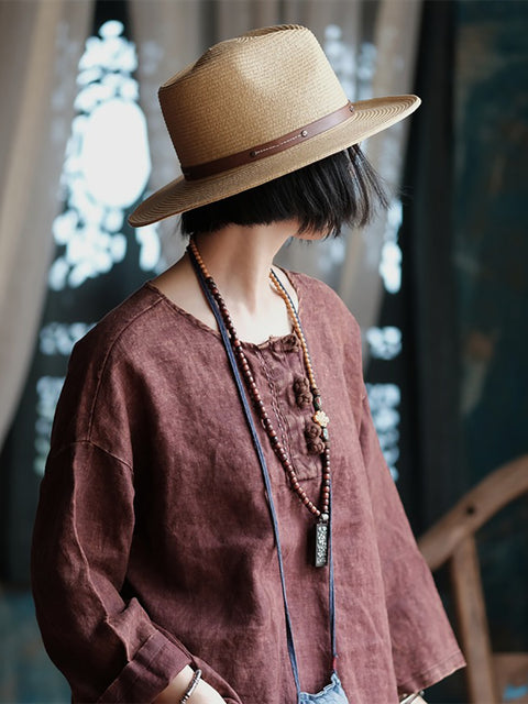 Women Summer Ethnic Solid Linen Button Loose Shirt