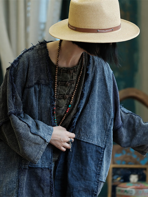 Camisa de lino con bordes sin rematar y empalmes vintage para mujer