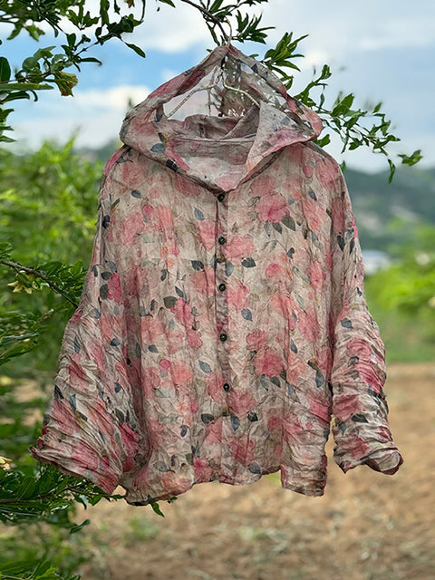 Women Vintage Flower Thin Summer Linen Hooded Shirt