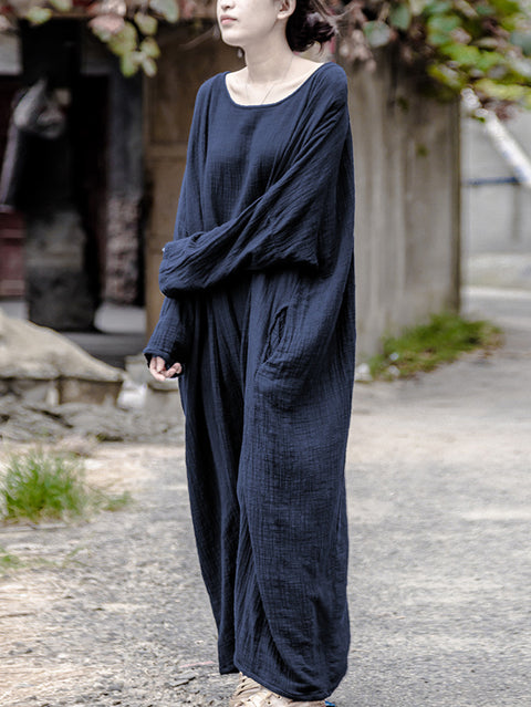 Vestido de lino y algodón con cuello redondo, informal, de otoño, para mujer