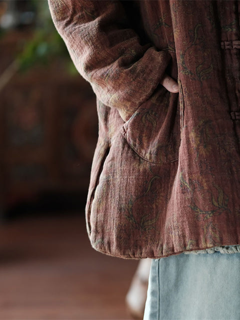 Abrigo de algodón con cuello alto y botones con flores estilo retro de invierno para mujer