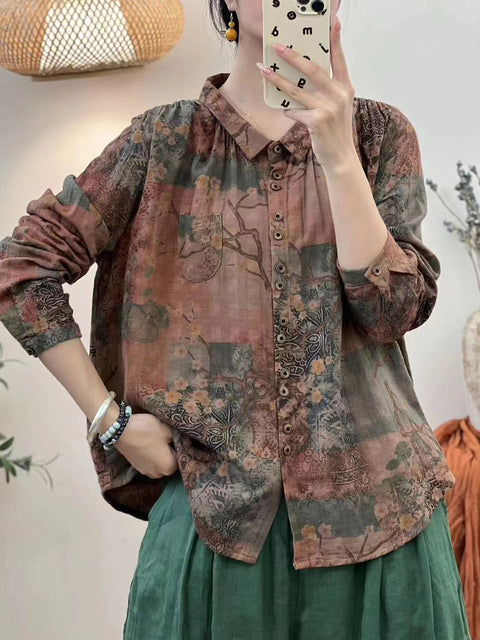 Blusa de algodón con botones y flores de otoño estilo vintage para mujer