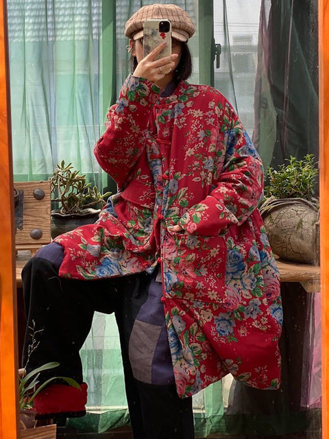 Women Winter Vintage Flower Pocket Button Cotton Coat