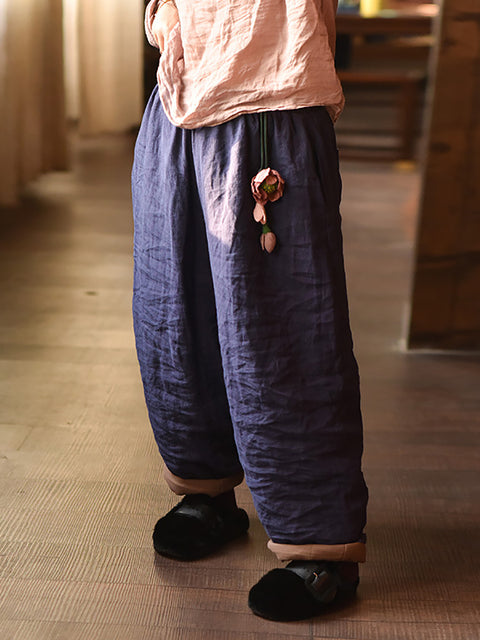 Women Autumn Retro Pure Color Padded Linen Harem Pants