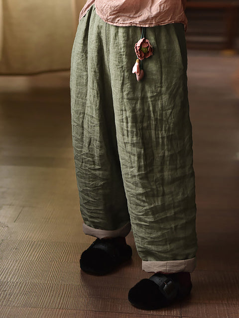 Women Autumn Retro Pure Color Padded Linen Harem Pants