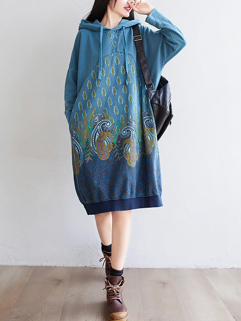 Women Ethnic Autumn Print Hooded Dress