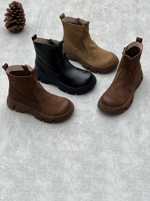 Botas de plataforma con empalme de cuero genuino vintage para mujer