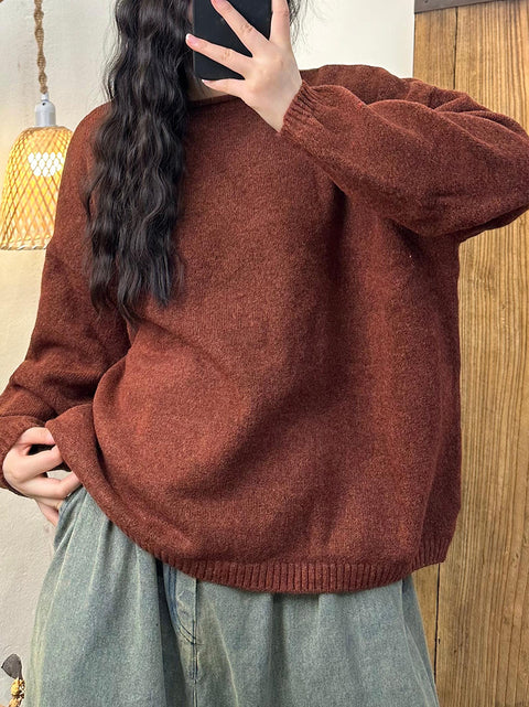 Women Vintage Autumn Solid O-Neck Knit Sweater