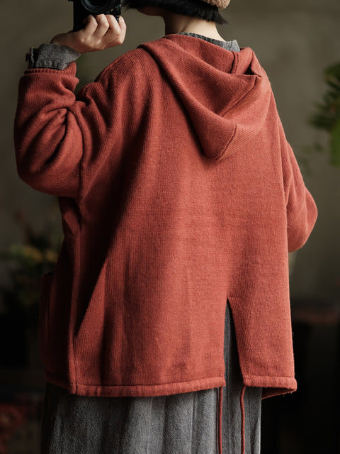 Women Vintage Autumn Frayed Solid Hooded Knit Sweater