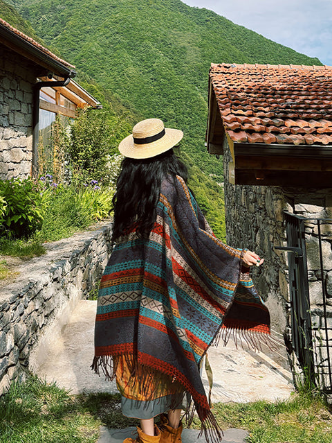 Women Ethnic Knit Stripe Tassel Shawl