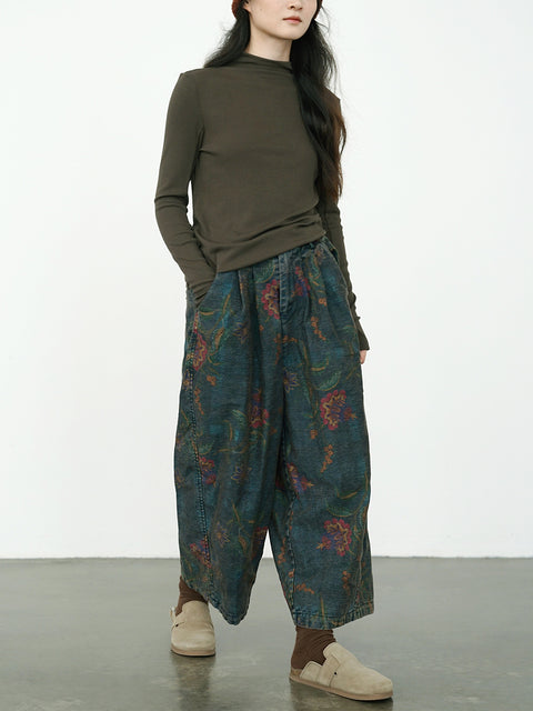 Women Winter Retro Flower Denim Spliced Wide-leg Pants