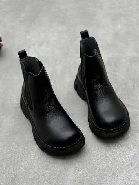 Women Retro Genuine Leather Platform Low-Heel Boots