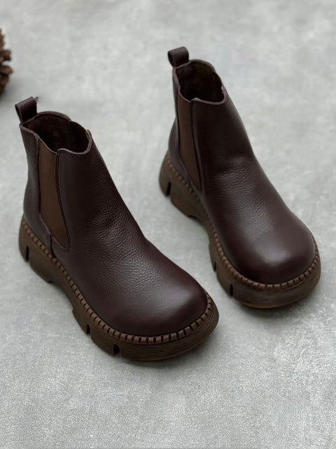 Botas de plataforma de tacón bajo de piel auténtica estilo retro para mujer