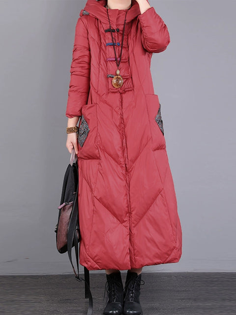 Women Winter Vintage Patch Hooded Long Down Coat