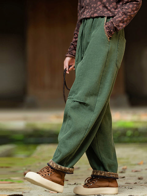 Pantalones anchos de lino y algodón con estampado floral retro de invierno para mujer