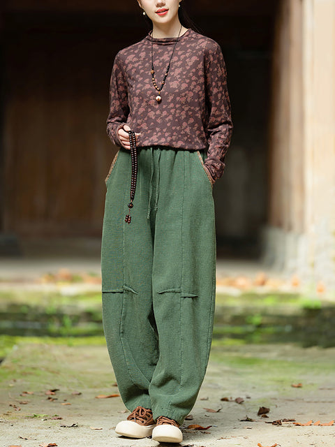 Pantalones anchos de lino y algodón con estampado floral retro de invierno para mujer