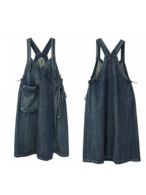 Plus Size Women Autumn Retro Denim Spliced Overall Dress