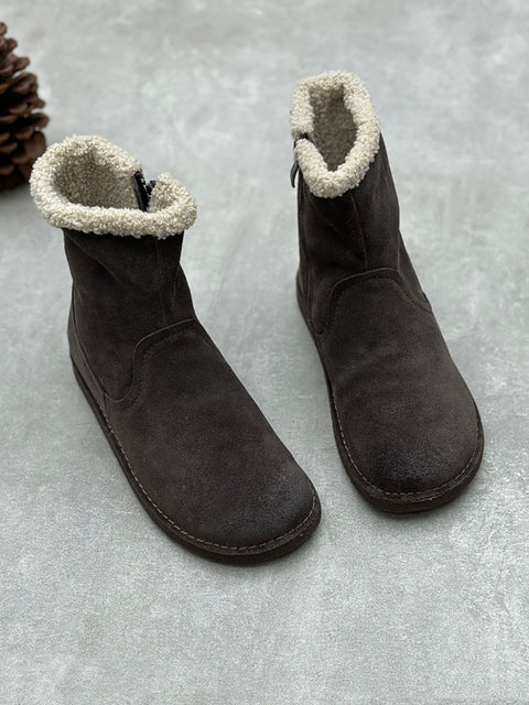 Botas planas de piel vintage con forro polar para mujer