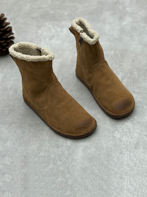 Botas planas de piel vintage con forro polar para mujer