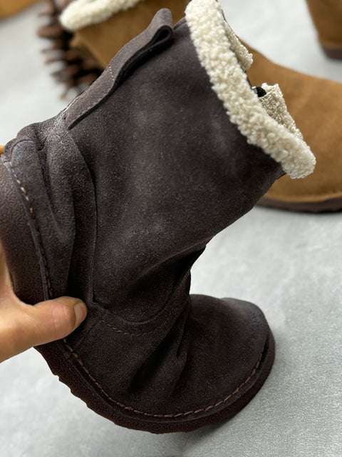 Botas planas de piel vintage con forro polar para mujer