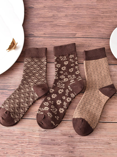 5 Pairs Women Coffee Geometric Flower Socks