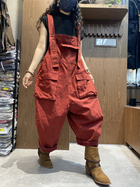 Women Vintage Solid Loose Cotton Jumpsuits