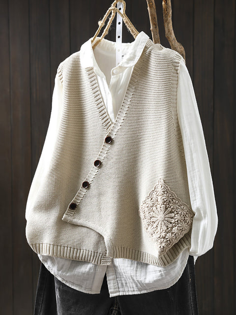 Women Casual Autumn Embroidery V-Neck Knit Vest