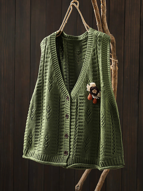 Women Casual Autumn Cotton V-Neck Cable Knit Vest