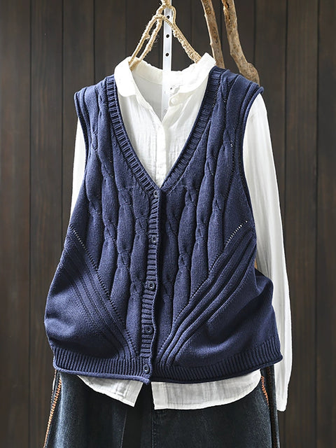 Women Spring Pure Color Knit V-Neck Vest