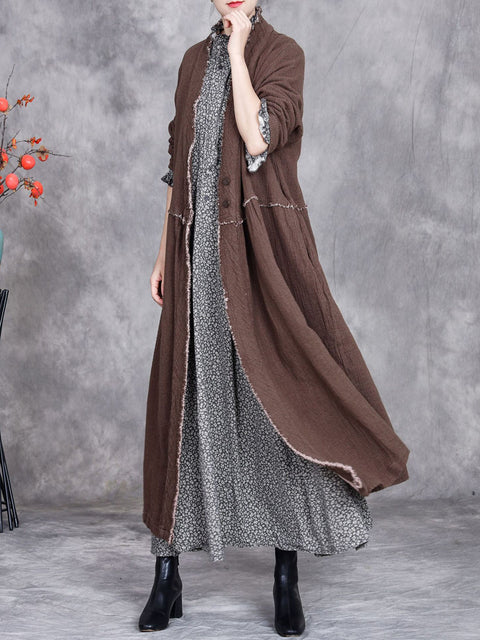 Women Autumn Ethnic Solid Linen Raw-edge Long Coat