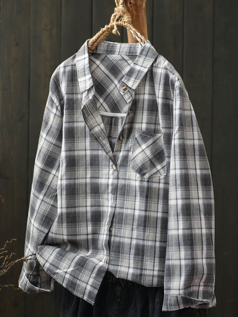 Women Autumn Artsy Cotton Plaid Shirt