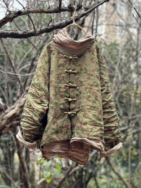 Camisa de lino con cuello redondo y flores vintage de primavera para mujer