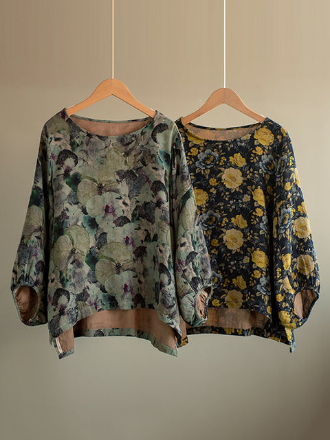 Women Spring Artsy Flower O-Neck Cotton Linen Shirt