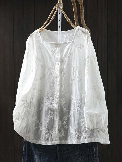 Women Artsy 100%Cotton Embroidery Square Collar Shirt