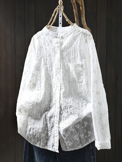 Women Spring 100%Cotton Flower Embroidery Shirt