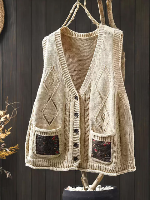 Women Spring Ethnic V-Neck Flower Patch Knit Vest