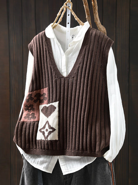 Women Spring Casual Flower Colorblock V-Neck Vest