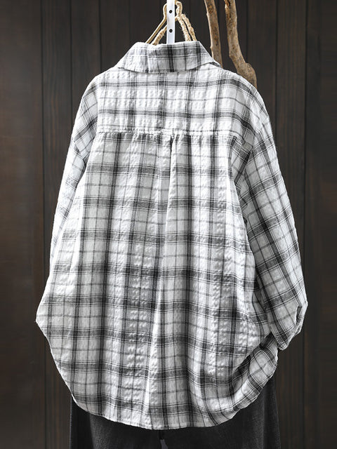 Women Spring 100%Cotton Plaid Turn-down Collar Shirt