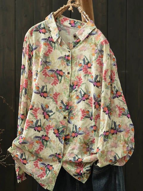 Women Spring Cotton Flower Turn-down Collar Shirt