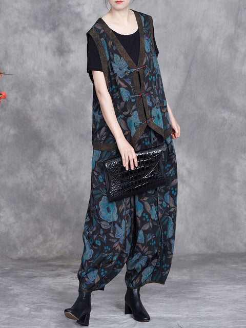 Women Spring Retro Irregular Hem Flower Suits