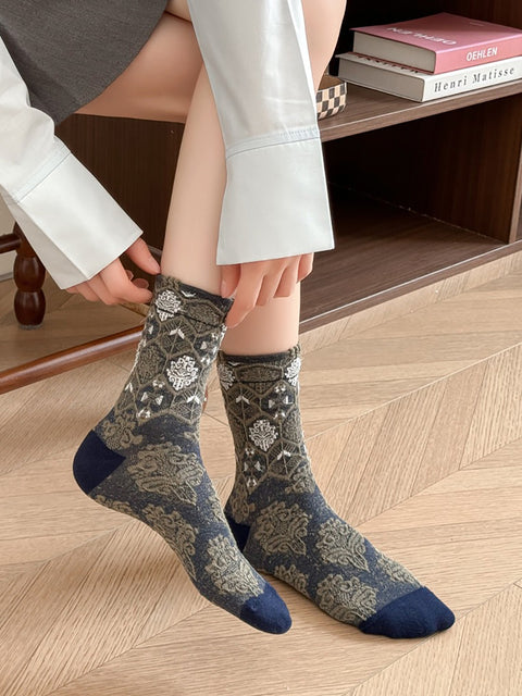 5 Pairs Women Artsy Floral Jacquard Cotton Socks